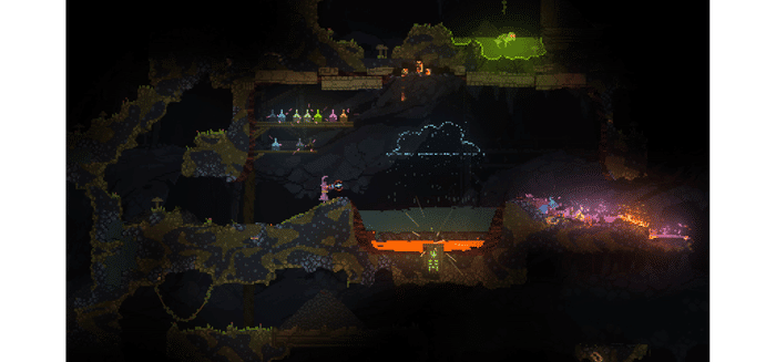 Noita pixel physics roguelike gameplay showing wand combat in a procedurally generated cave - ranked 5th best roguelike game with 188 Reddit votes