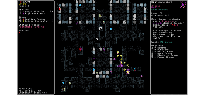 Rift Wizard turn-based roguelike gameplay showing Nightmare Aura spell on a procedurally generated dungeon floor - tied 8th best roguelike with 170 Reddit votes