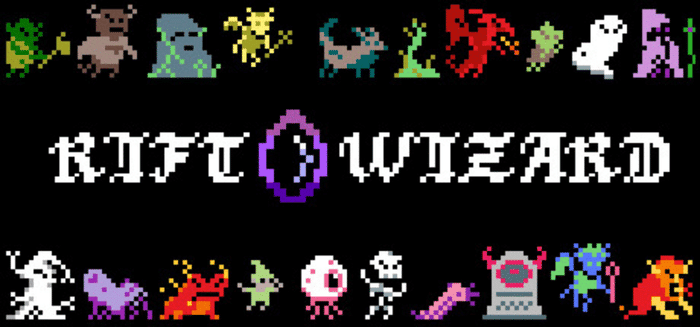Rift Wizard logo showing retro pixel art enemies - underrated traditional roguelike tied 8th best roguelike game with 170 Reddit votes