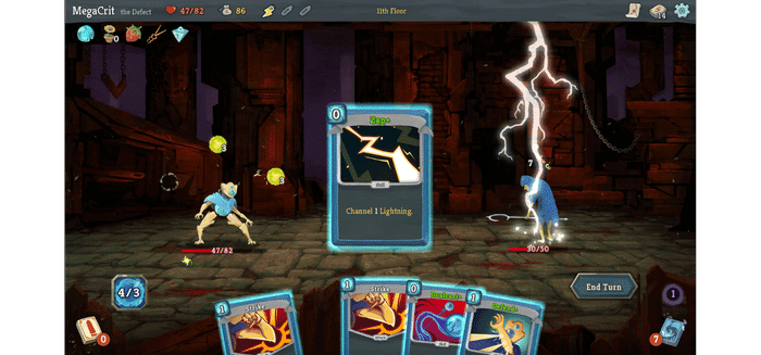 Slay the Spire gameplay showing The Defect using a lightning card on the 11th floor - ranked 1st best roguelike game with 315 Reddit votes