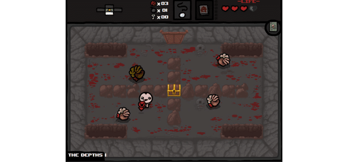 The Binding of Isaac Depths dungeon gameplay showing permadeath roguelike combat with enemies and a treasure chest - tied 8th best roguelike game with 170 Reddit votes