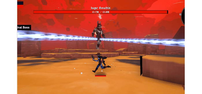 Megabonk player character fighting Judge Anubis, the final boss, on the Desert map. The boss is airborne with a health bar showing 13.7M / 13.8M HP remaining.
