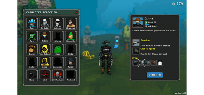 Megabonk character selection screen showing CL4NK selected. His passive is Crit Happens — gain 1% Crit Chance per level. Starting weapon is Revolver.