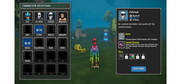 Megabonk character selection screen showing Calcium selected. His passive is Speed Demon — speed builds up over time but halves when taking damage. Starting weapon is Bone.