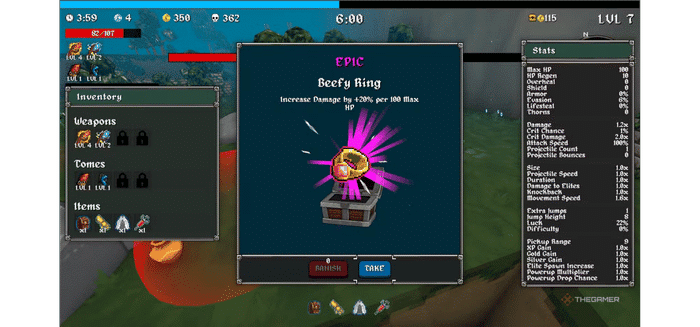 Megabonk level-up screen showing an Epic Beefy Ring item that increases damage by 20% per 100 Max HP. Player stats panel visible on the right.