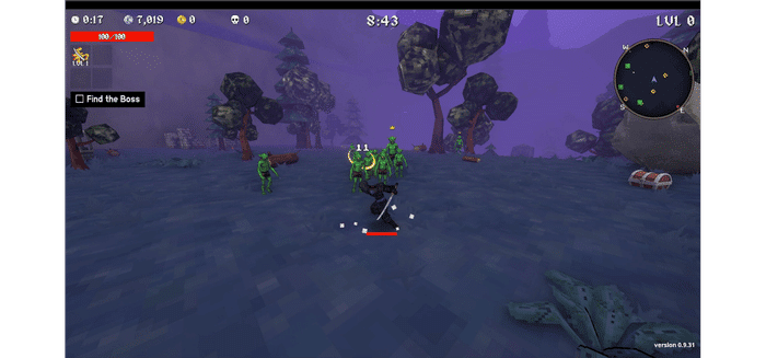 Megabonk early-game combat on the Forest map at level 0. Player character surrounded by green goblin enemies with a Find the Boss objective on screen.