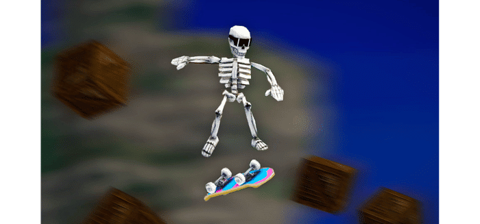 Megabonk skeleton character mid-air on a skateboard performing a jump, surrounded by flying wooden crates on a blue sky background.