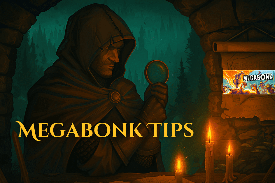 Megabonk Tips featured image showing a hooded rogue scholar studying a glowing orb by candlelight, with the Megabonk game banner visible in the background.