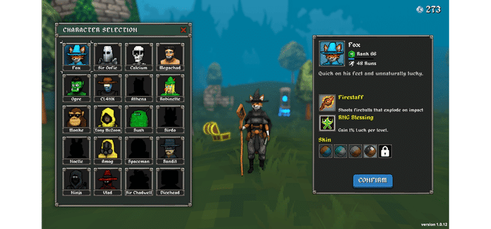 Megabonk character selection screen showing Fox selected. His passive is RNG Blessing — gain 1% Luck per level. Starting weapon is Firestaff.