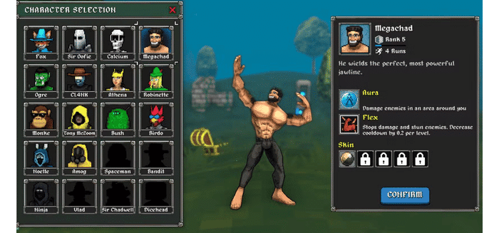 Megabonk character selection screen showing Megachad selected. His passives are Aura (damages enemies in an area) and Flex (stops damage and stuns enemies, cooldown decreases 0.2s per level).