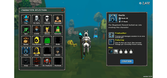 Megabonk character selection screen showing Noelle selected. Her passive is Enduring — gain 1% Size per level and increase damage per currently frozen enemy. Starting weapon is Frostwalker.