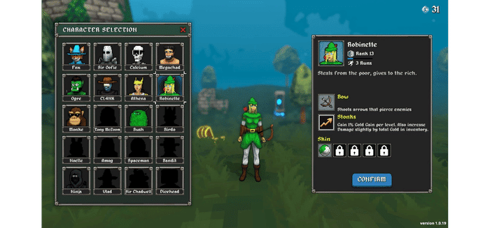 Megabonk character selection screen showing Robinette selected. Her passive is Stonks — gain 1% Gold Gain per level and increase damage slightly by total gold in inventory. Starting weapon is Bow.