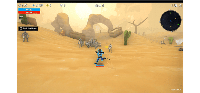 Megabonk player character running through the Desert map at level 0, kiting a large group of silver armored enemies with a Find the Boss objective active.