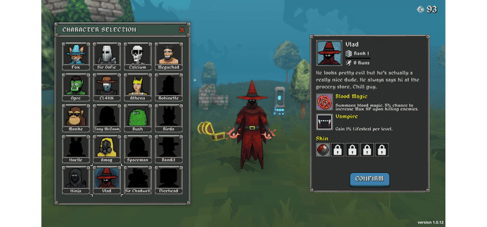 Megabonk character selection screen showing Vlad selected. His passive is Vampire — gain 1% Lifesteal per level. Starting weapon is Blood Magic, which has a 5% chance to increase Max HP upon killing enemies.
