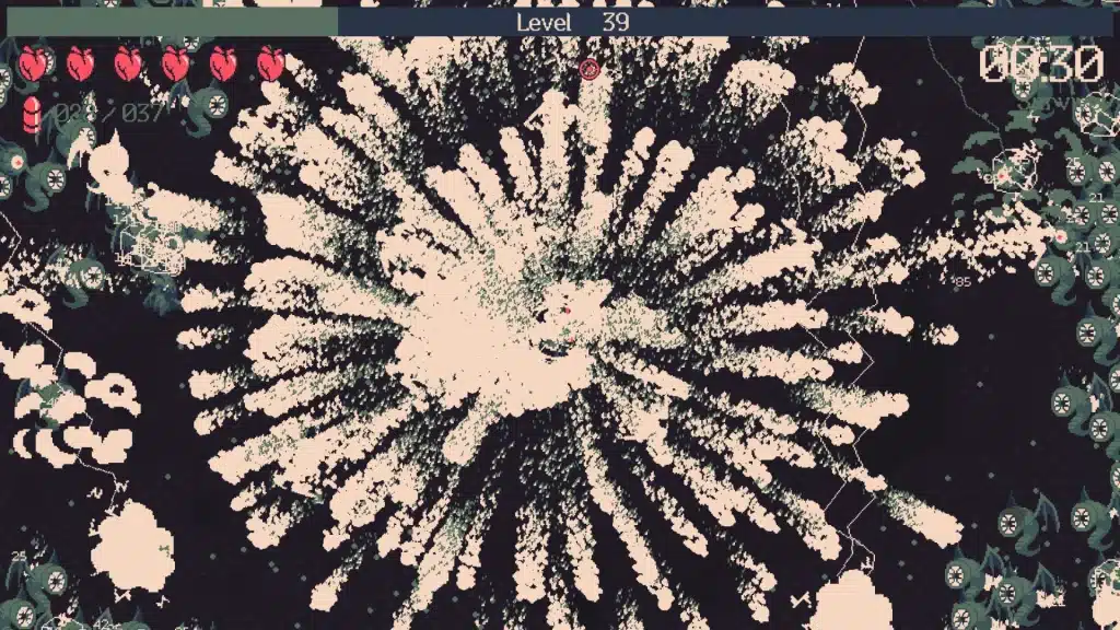 20 Minutes Till Dawn late-game screenshot with a screen-filling bullet explosion tearing through Lovecraftian enemies