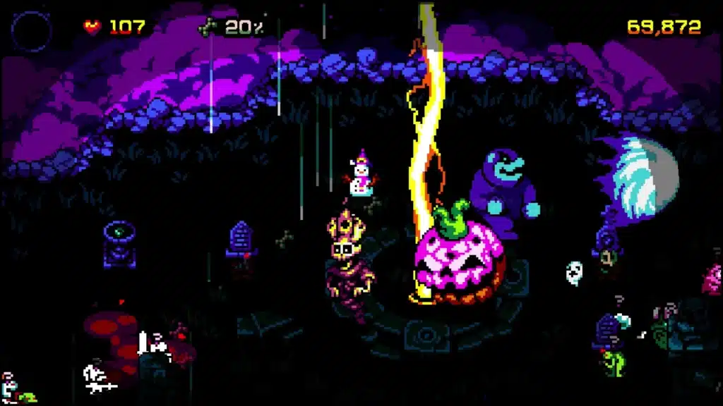 Boneraiser Minions gothic pixel art combat showing a necromancer and minions fighting a pumpkin boss