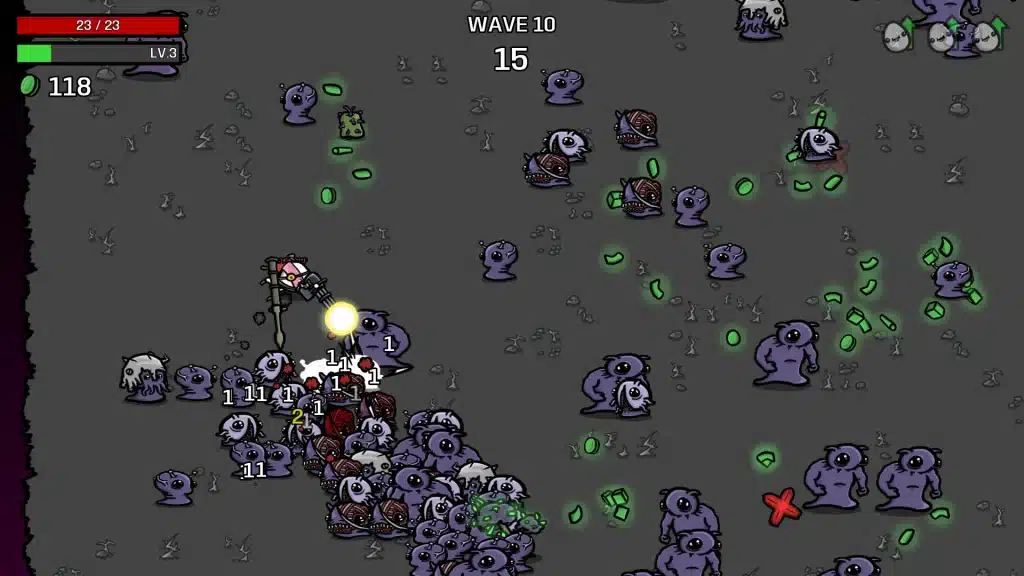 Brotato gameplay showing a potato character fighting alien enemies in a top-down arena