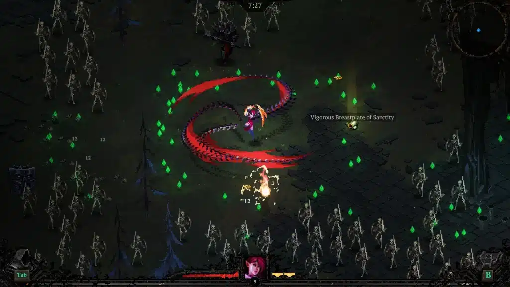 Death Must Die combat screenshot showing a hero unleashing a spinning blade attack against undead enemies