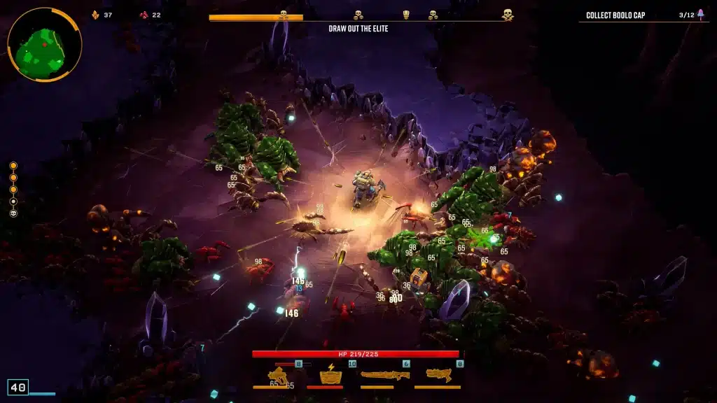 A dwarf blasting through waves of alien insects underground in Deep Rock Galactic Survivor
