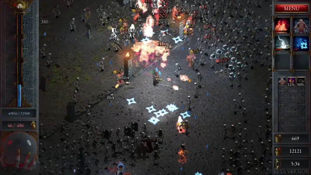 A hero surrounded by skeleton hordes in Halls of Torment, a dark fantasy game like Vampire Survivors