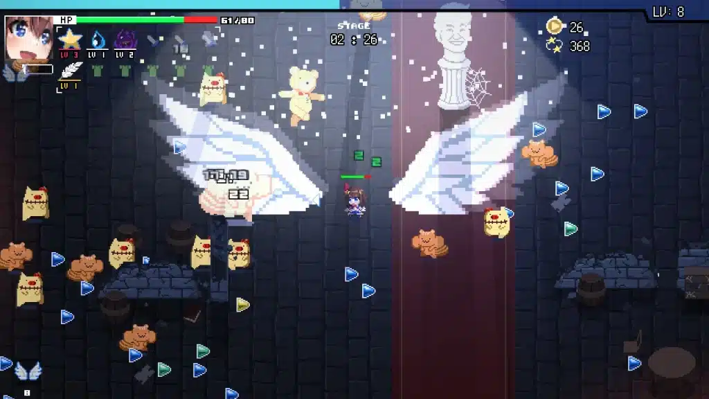 HoloCure boss fight with a VTuber character facing a giant winged enemy, a free game like Vampire Survivors