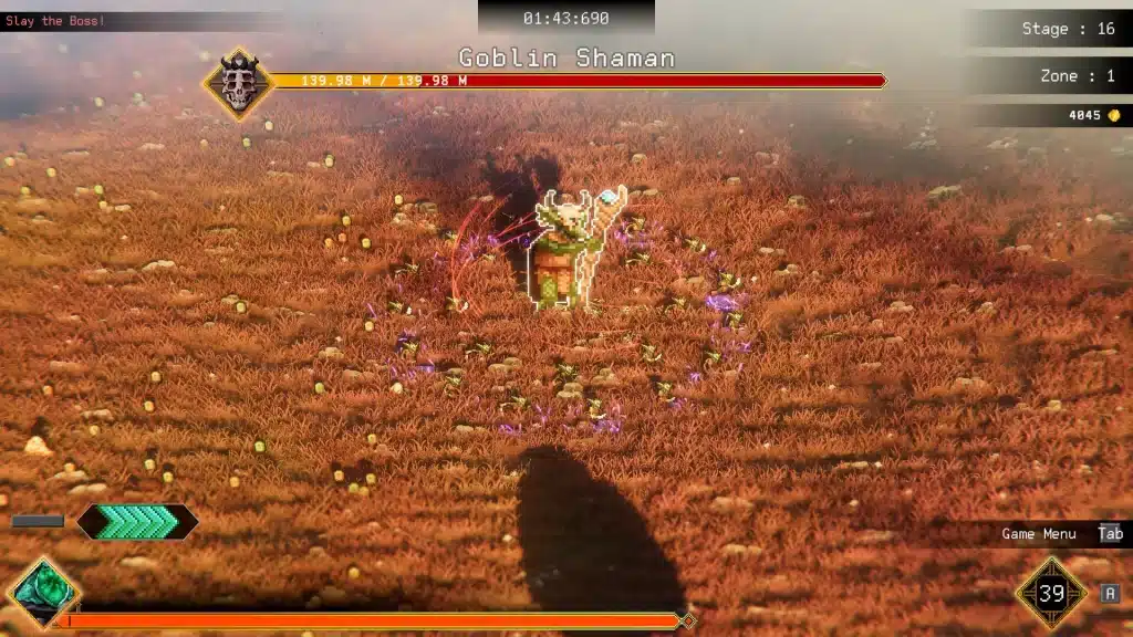Rogue Genesia boss encounter with a lone hero facing a powerful goblin shaman on an open battlefield