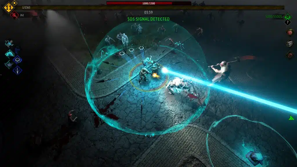 Yet Another Zombie Survivors combat with a survivor firing a laser beam through a zombie horde