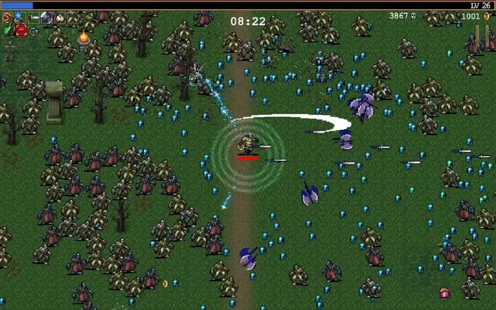 Vampire Survivors AoE build gameplay in Mad Forest with a character automatically clearing enemies across the entire screen without manual aiming