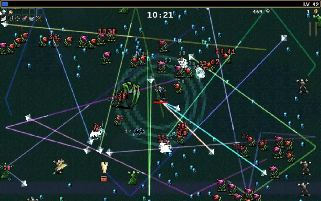 Vampire Survivors Runetracer build at the 10-minute mark showing multicolored bouncing projectiles crossing the screen in every direction, demonstrating why it scales with nearly every passive stat