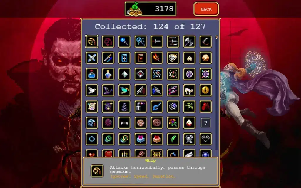 The Vampire Survivors weapons collection screen showing the full arsenal including Peachone and Ebony Wings, the two birds that fuse into the Vandalier evolution