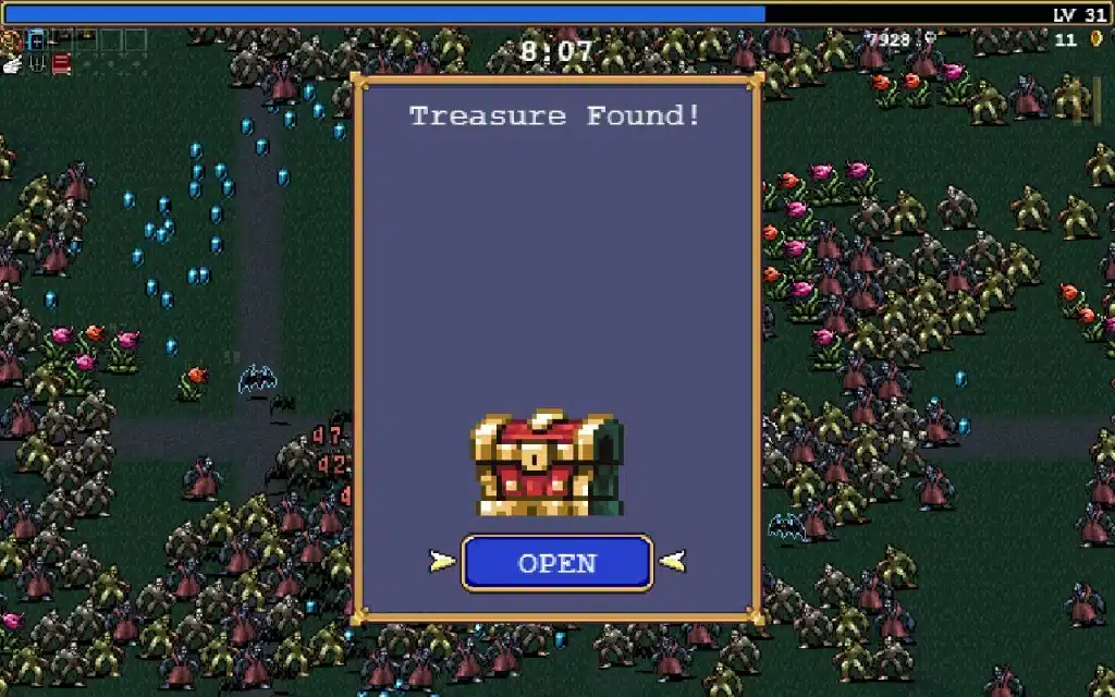 A Vampire Survivors treasure chest prompt at the 8-minute mark, the mechanic that triggers weapon evolutions when the right passive item is in your inventory