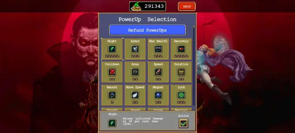 The Vampire Survivors PowerUp Selection screen showing permanent stat upgrades including Might, Speed, Area, and Cooldown that carry over between runs