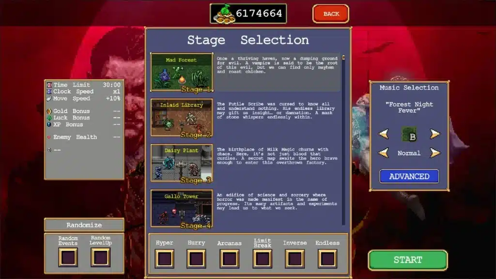 The Vampire Survivors Stage Selection screen showing the recommended progression order from Mad Forest through Inlaid Library, Dairy Plant, and Gallo Tower