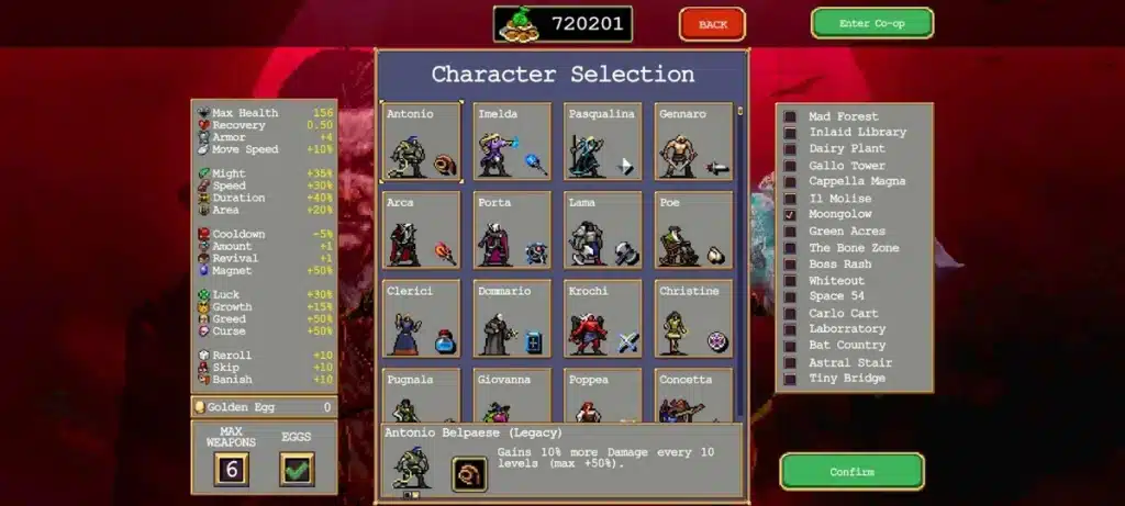 The Vampire Survivors character selection screen showing beginner-friendly options including Imelda, Pasqualina, Poe, and Krochi with their starting weapons and stats