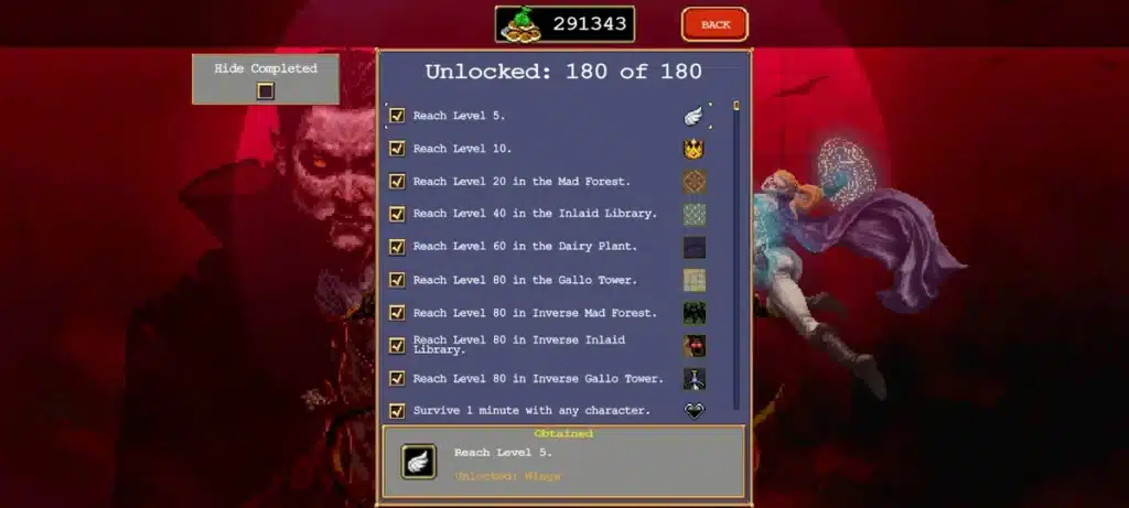 The Vampire Survivors Unlocks menu showing a checklist of objectives like surviving 10 minutes and reaching level milestones, the recommended progression path for new players