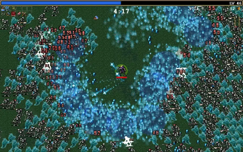 Late-game Vampire Survivors showing a character melting through dense enemy waves with AoE weapons, contrasting with Halls of Torment's more active boss-focused combat