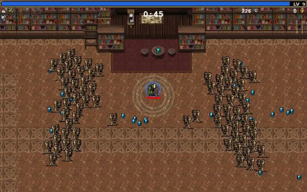Vampire Survivors gameplay in the Inlaid Library stage, available on both the standard PC version and the Vampire Survivors Plus Apple Arcade edition