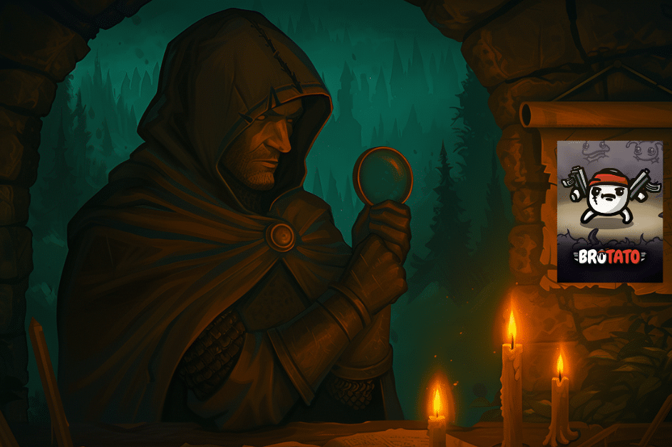 Rogue Ranker hooded character holding a Brotato sign