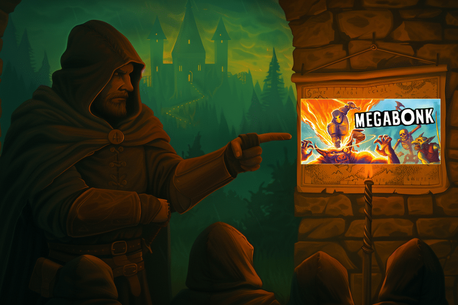 Rogue Ranker hooded character holding a Megabonk sign