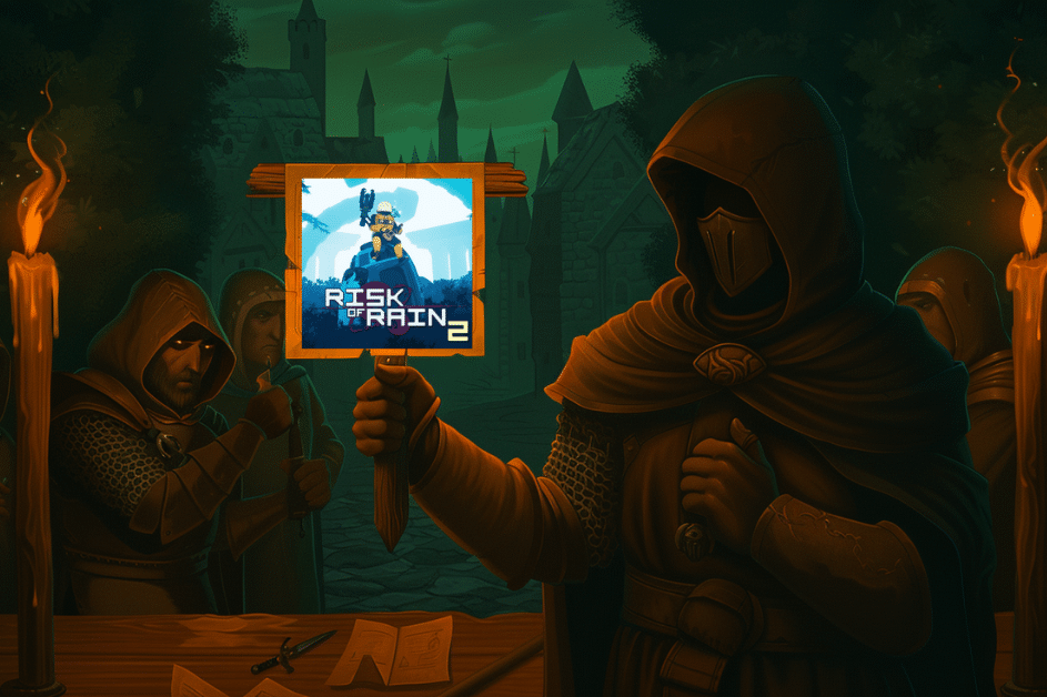 Rogue Ranker hooded character holding a Risk of Rain 2 sign