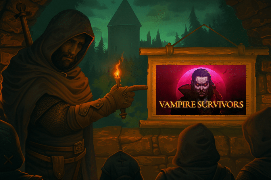 Rogue Ranker hooded character holding a Vampire Survivors sign