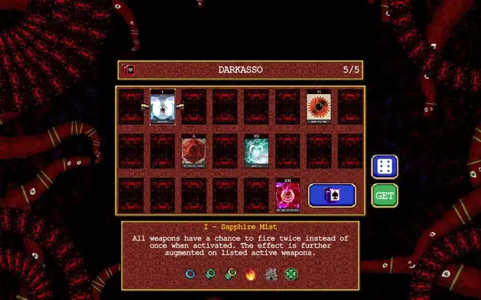 Darkasso menu interface from Vampire Survivors showing the Sapphire Mist Darkana