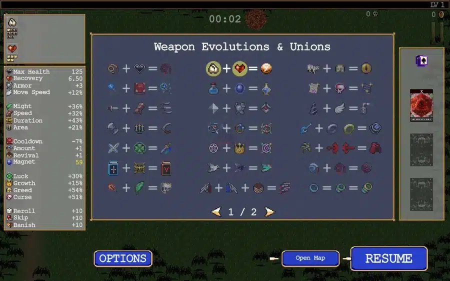 The Vampire Survivors Grimoire menu in use, showing weapon evolutions and unions
